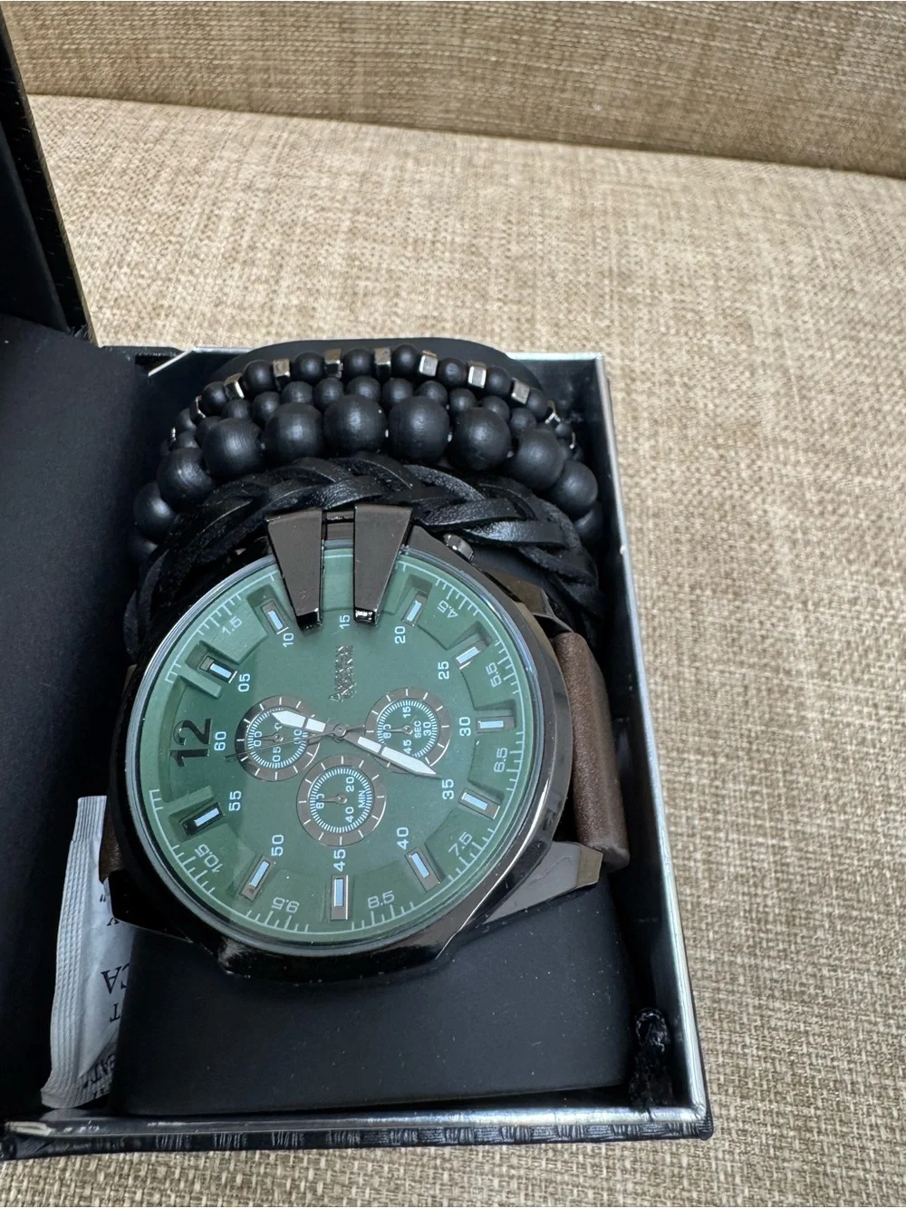 American Exchange Men's Wristwatch & Bracelet Set Green Dial Brown Leather Strap